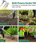 Heavy Duty Garden Hand Tiller Cultivator with four tines and adjustable long handle used for weeding and loosening soil in gardens.