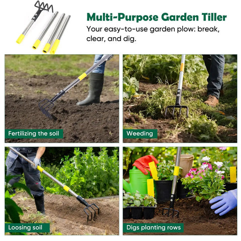 Heavy Duty Garden Hand Tiller Cultivator with four tines and adjustable long handle used for weeding and loosening soil in gardens.