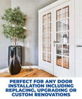 Interior view with double glass-paneled doors next to a tall plant. Text states suitability for replacing, upgrading, or renovations.