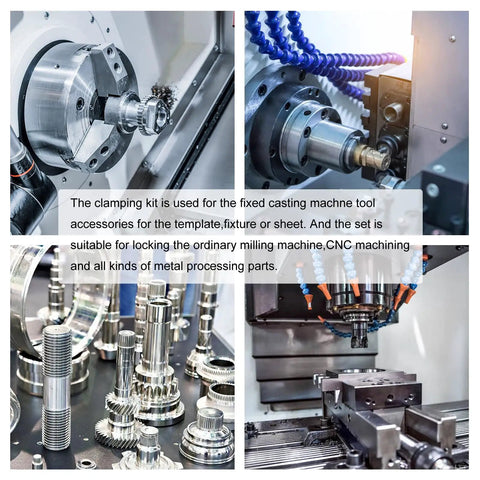 Close-up of 1/2 Inch T-Slot Clamping Kit, 58-Piece Milling Machine Fixture Set in use, showcasing metal nuts and bolts.