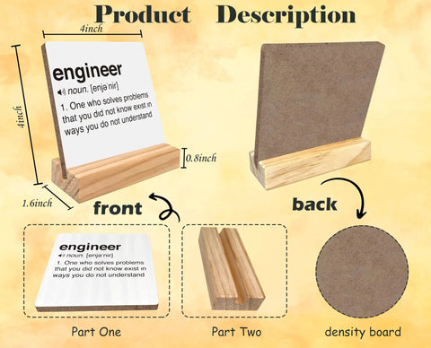 Engineer Definition Wood Plaque Sign Gift For Engineers Office Decor Desk Display showing front and back views with dimensions.