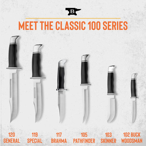Classic 100 series knives, including Brahma Hunting Knife 4-1/2 Inch Clip Point Fixed Blade Full Tang 420HC Stainless Steel With Phenolic Handle Sheath Included Made in USA Tough Beast Field Knife for Backcountry Hunt Ready, displayed with various blade lengths and handles.