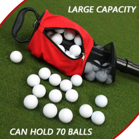 Portable Golf Ball Retriever With Detachable Tube And Large Mesh Pocket That Holds 70 Plus Balls, red bag open with balls spilling out