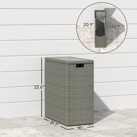 Weatherproof 17.3 Gallon Wicker Storage Box With Slatted Acacia Wood Flip Top For Indoor And Outdoor Use Cushions Pool Gear Garden Tools UV Resistant Gray, side view with dimensions