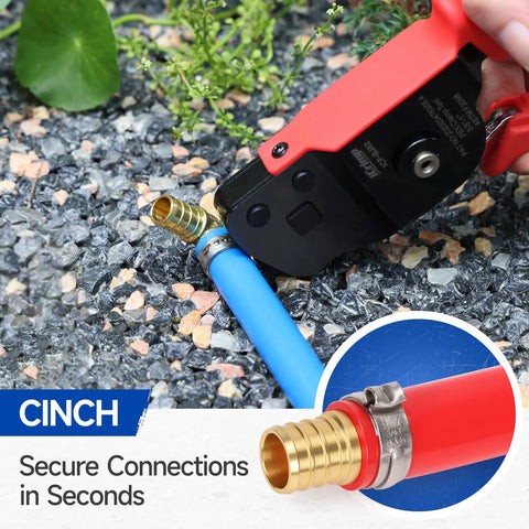 One Hand PEX Cinch Tool Kit With Cutter and Go No Go Gauge in use on blue pipe for home plumbing installation.