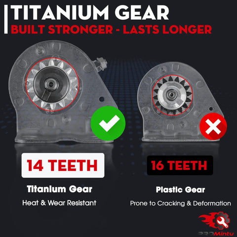 14 Tooth Starter Motor Replacement Fits 42 Inch Riding Lawn Mowers And Tractors With Briggs Stratton Intek IC OHV 17HP To 20HP Engines Replaces Bronco Pony Models Easy Install Durable Start. Image showing titanium gear with 14 teeth next to plastic gear with 16 teeth.