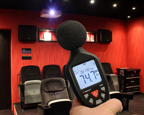 SoniChek PRO Professional Decibel Meter For Accurate AC Weighted Sound Readouts, 30 To 130 dB Range, 31.5 Hz To 8 kHz Frequency, IEC651 Type 2 ANSI S1.4 Type 2 Compliance, Fast And Slow Responses, Analog Output, Bar Graph, Max Hold. showing 74.7 dBA in a home theater