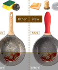 7 Piece Kitchen Cleaning Kit With Stainless Chainmail Scrubber Bamboo Dish Scrub Brush Hot Handle Holder Two Pan Scrapers Orange Towel And Wall Hook Bright Color For Easy Cast Iron Care set shown before and after cast iron pan cleaning