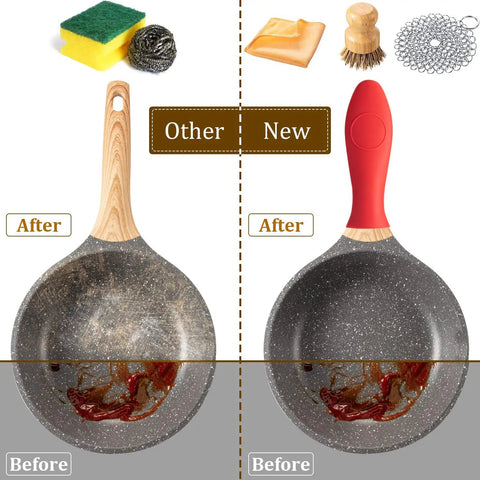 7 Piece Kitchen Cleaning Kit With Stainless Chainmail Scrubber Bamboo Dish Scrub Brush Hot Handle Holder Two Pan Scrapers Orange Towel And Wall Hook Bright Color For Easy Cast Iron Care set shown before and after cast iron pan cleaning