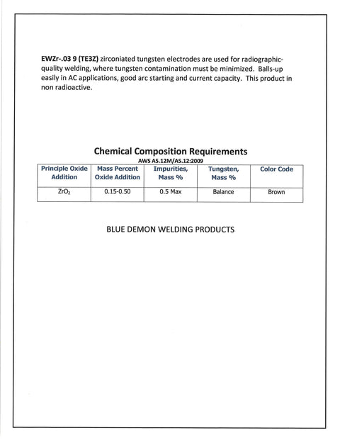 Zirconiated Tungsten Electrodes For AC Welding Brown Finish Three Thirty Second Inch By Seven Inch EWZr One Ten Piece Pack chart