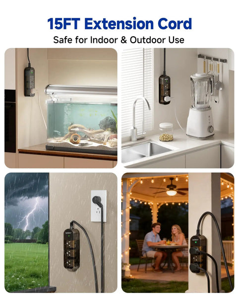 Weatherproof Outdoor Power Strip With 3 AC Outlets And A 15ft Extension Cord For Patio Or Yard, Heavy Duty, Water Resistant, High Power 1625W, Durable Build For Safe Outdoor Setup, shown in kitchen and patio use