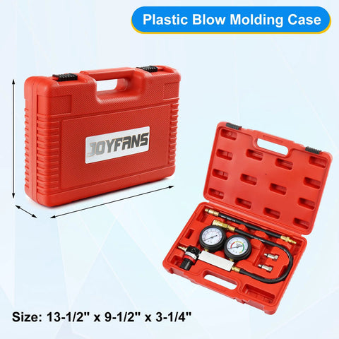 JoyFans cylinder leak-down tester kit in red plastic blow-mold case; dual gauges with hoses visible (open case)