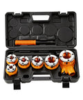 Heavy Duty Ratchet Pipe Threader Kit With Six NPT Dies One Quarter Inch Three Eighths Inch One Half Inch Three Quarters Inch One Inch And One And A Quarter Inch Threading Dies Durable 9SiCr Steel Tool For Galvanized Iron Copper And Aluminum Pipes in case