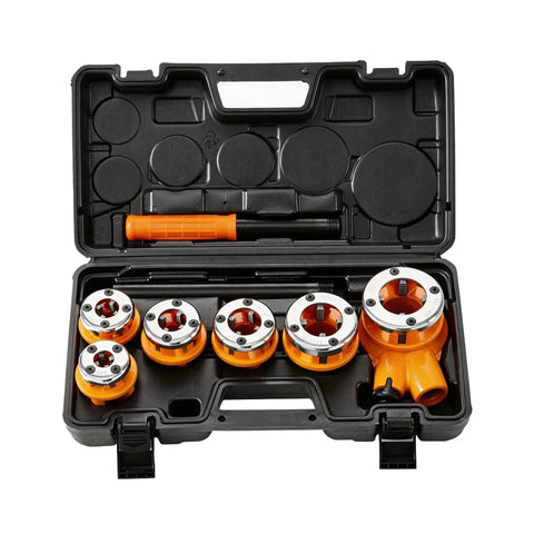 Heavy Duty Ratchet Pipe Threader Kit With Six NPT Dies One Quarter Inch Three Eighths Inch One Half Inch Three Quarters Inch One Inch And One And A Quarter Inch Threading Dies Durable 9SiCr Steel Tool For Galvanized Iron Copper And Aluminum Pipes in case