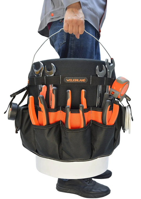 5 Gallon Bucket Tool Organizer With 47 Pockets Heavy Duty 1680D Ballistic Fabric Bucket Bag Holder full of tools