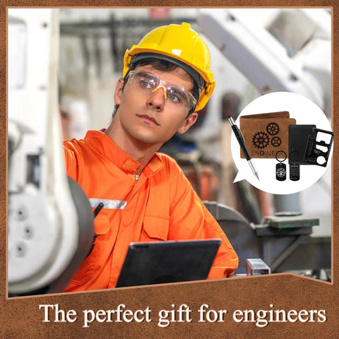 Engineer Gadget Gift Set For Men With Retro Brown Wallet 6 In 1 Multi Tool Pen Vintage Keychain And 11 In 1 Credit Card Multitool Box