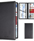 Slick Carbon Fiber Black Car Registration And Insurance Card Holder With Fast Flip Clear Window, open to show spacious card slots.