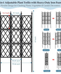 6-in-1 adjustable plant trellis with heavy-duty iron frame, showing dimensions and arrangements for versatile garden use