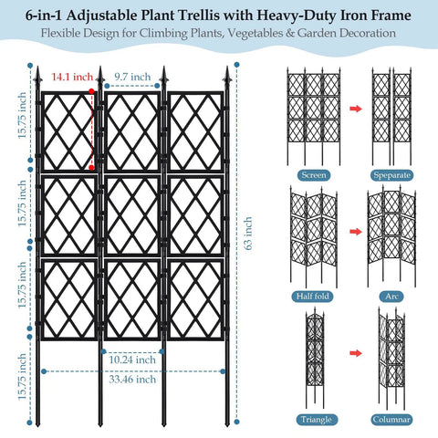 6-in-1 adjustable plant trellis with heavy-duty iron frame, showing dimensions and arrangements for versatile garden use
