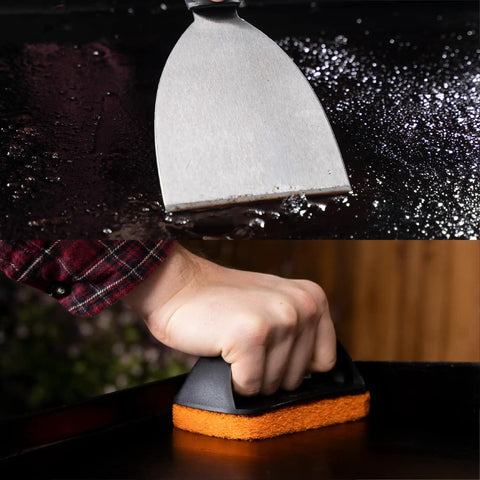 Professional 22 Piece Griddle And BBQ Tool Kit Stainless Steel Dishwasher Safe For Quick Cleanup And Built To Last For Novice And Pro Grill Masters At Home And On The Grill, featuring a metal scraper and scrub pad.