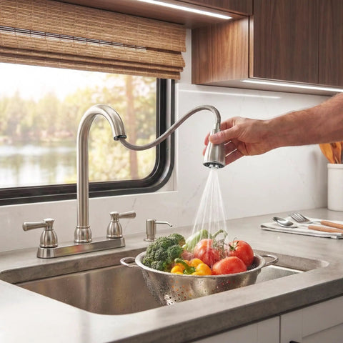 Two Handle Pull Down Kitchen Sink Faucet With Sprayer And Stream Spray Toggle in use washing vegetables in RV kitchen