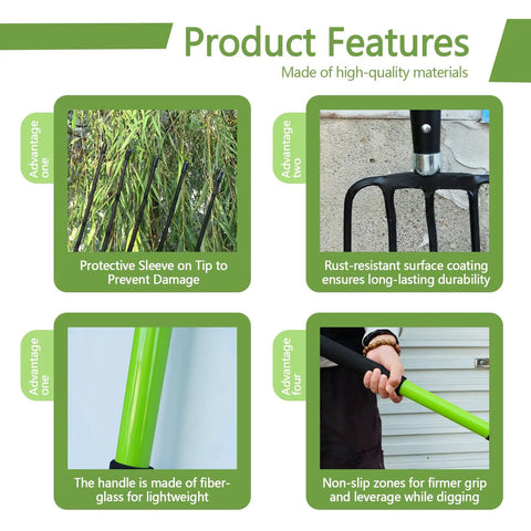 Product features of 57 Inch 5 Tine Steel Garden Pitch Fork With Cushioned Grip Heavy Duty Mulch And Compost Fork Green Fiberglass Handle
