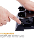 Bostitch Office EZ Squeeze 20-sheet 3-hole punch, metal construction, black and silver, front view.