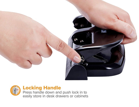 Bostitch Office EZ Squeeze 20-sheet 3-hole punch, metal construction, black and silver, front view.