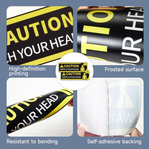 Two Pack Watch Your Head Sign Stickers Self Adhesive Frosted Vinyl Decals Easy Install Thick Durable Backing 3.9 Inch By 11.8 Inch Each Indoor Safety Warnings Clear Readability, frosted vinyl warning sign close-up