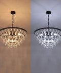 Black 24 Inch Crystal Chandelier With 5 Tier Raindrop Cascades Adjustable Hanging Pendant Light shown with warm and cool lighting.