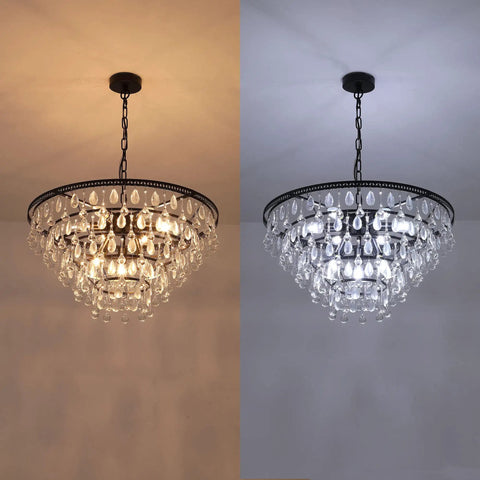 Black 24 Inch Crystal Chandelier With 5 Tier Raindrop Cascades Adjustable Hanging Pendant Light shown with warm and cool lighting.