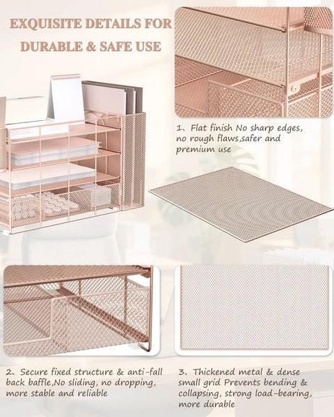 Close-up of Rose Gold 4 Tier Desk File Organizer With 4 Letter Trays Vertical File Holder Sliding Drawer And 2 Pen Holders