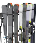 Modern Top Shelf Heavy Duty Wall Mount Ski Rack Solid Garage Game Changer To Securely Hold 16 Pairs Of Long And Short Alpine Skis Plus Snowboards With Hook Clamps displaying multiple skis on hooks.