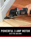 3 Amp Oscillating Multi Tool Kit trimming wood panel with 52 pieces, variable speed, tool-free blade change, 10 ft cord