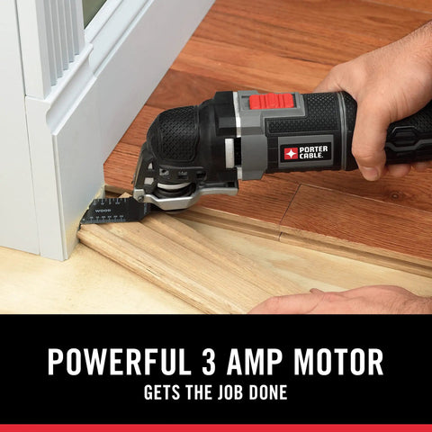 3 Amp Oscillating Multi Tool Kit trimming wood panel with 52 pieces, variable speed, tool-free blade change, 10 ft cord