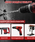 Masonry drill bit set banner showing three drills: hand drill, cordless drill, and bench drill.