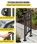 Outdoor Stair Railing For 1 Or 2 Steps Aluminum Handrail For Concrete Or Wood Stairs Black, shown on steps with curly side design
