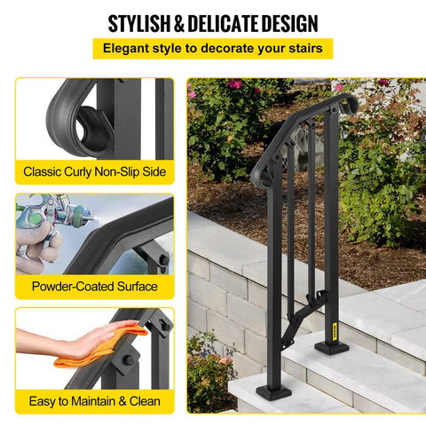 Outdoor Stair Railing For 1 Or 2 Steps Aluminum Handrail For Concrete Or Wood Stairs Black, shown on steps with curly side design