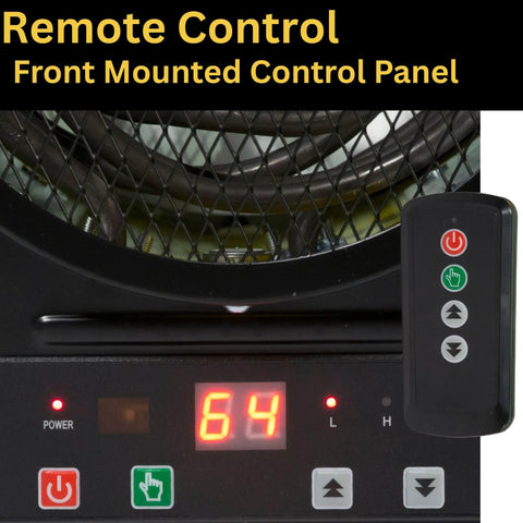 Heavy Duty 240V Electric Forced Air Heater With Wireless Remote Control 12800 BTU Portable Garage Workshop Space Warmer control panel displaying temperature.