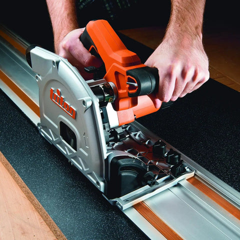 Kickass Six And One Half Inch Plunge Track Saw With 1400 Watt Engine Cuts Clean And True With Rock Solid Rail Tracking For Stress Free Woodworking Featuring Super Comfy Handles And Onboard Storage Rack