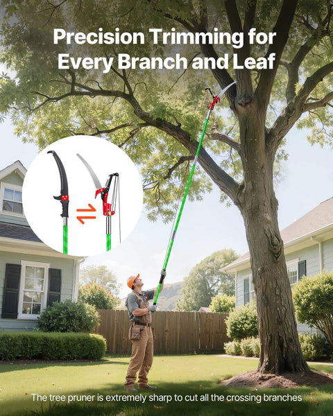 Gardener using Extendable Manual Pole Saw With Eight Section Reach Up To 27 Feet, trimming high branches.