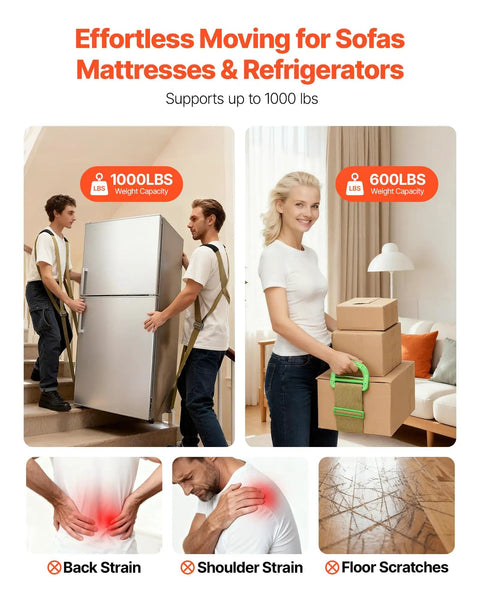 Heavy Duty Two Person Moving Straps With Adjustable Shoulder Harness And Beefy Steel Buckles For Hassle Free Hauling Of Furniture Mattresses And Appliances Without Wrecking Your Back, two people moving a fridge on stairs.