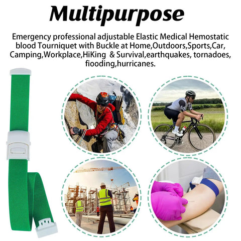 One Hand Hemostasis Tourniquet Kit with Elastic Quick Release Buckle for Emergency First Aid shown in multipurpose settings