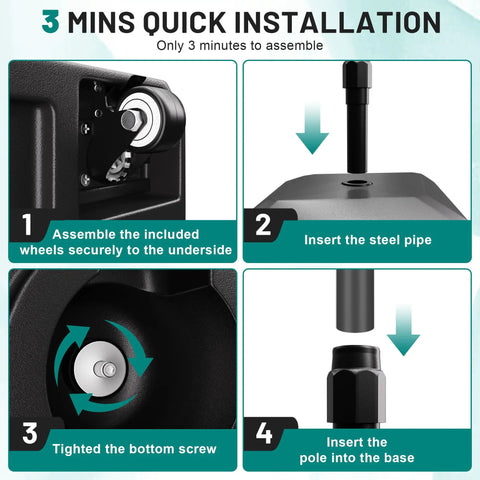 Mobile Umbrella Base With Four Wheels Heavy Duty Outdoor Stand For Patio Use assembly instructions in four steps.