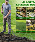 Person using 32x10 Lawn Leveling Rake With Serrated Edge And Smooth Plate Heavy Duty Stainless Leveling Rake in yard.