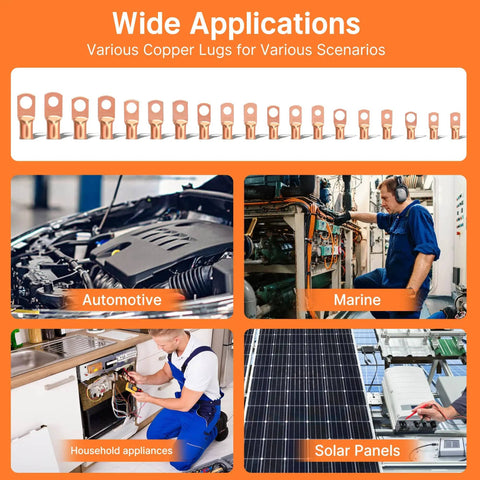 Wide applications of Beefy Battery Cable Ends Kit with 220 pcs copper wire lugs for automotive, marine, household, solar panels.