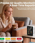 Indoor 10 In 1 Air Quality Monitor For Home Detecting CO2 And Formaldehyde Plus TVOC PM25 And PM10 Delivers Dope Real Time Stats displayed with a woman enjoying coffee.