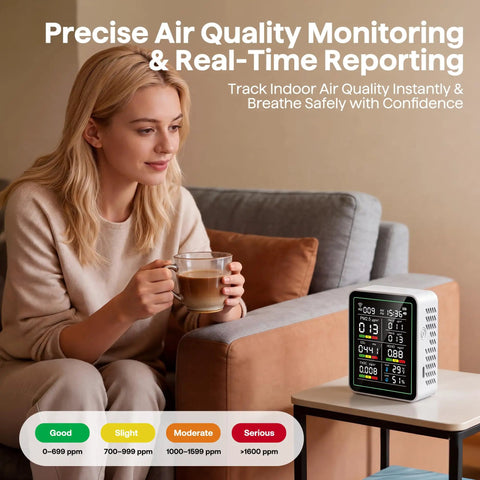 Indoor 10 In 1 Air Quality Monitor For Home Detecting CO2 And Formaldehyde Plus TVOC PM25 And PM10 Delivers Dope Real Time Stats displayed with a woman enjoying coffee.