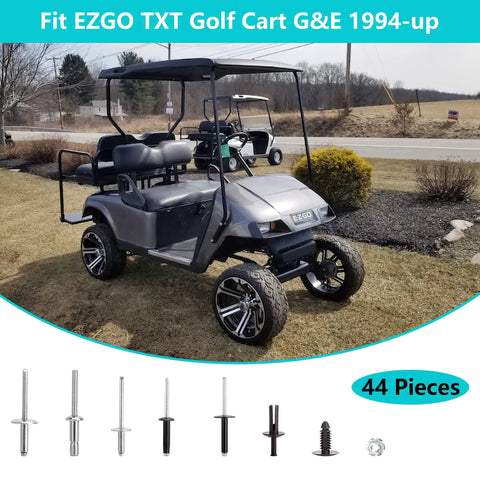 Golf Cart Rivet Kit For EZGO TXT 1994 And Later Complete Body Hardware Set with aluminum and stainless rivets shown