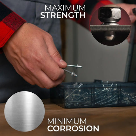 Hands holding aluminum pop rivets from a case in a workspace, showcasing maximum strength and minimum corrosion.